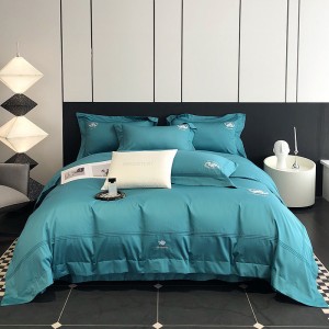High Quality Blue Home Textile Embroidery Duvet Cover Bed Sheets Pillowcases 100S Long Staple Cotton Bedding Set