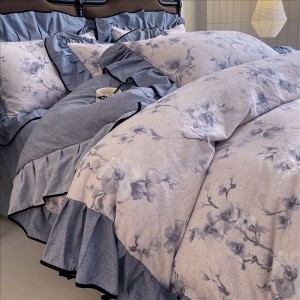 French style blue ruffles cotton digital printing comforter duvet cover 4pcs bedding set supplier