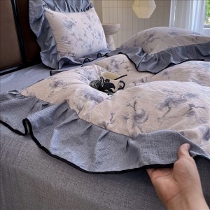 French style blue ruffles cotton digital printing comforter duvet cover 4pcs bedding set supplier