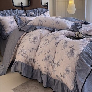 French style blue ruffles cotton digital printing comforter duvet cover 4pcs bedding set supplier