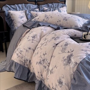 French style blue ruffles cotton digital printing comforter duvet cover 4pcs bedding set supplier