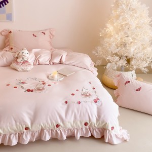 100S pure cotton sanding comforter duvet cover pink embroidery bedding set wholesaler