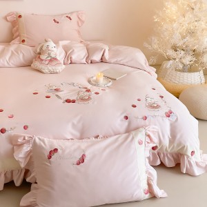 100S pure cotton sanding comforter duvet cover pink embroidery bedding set wholesaler