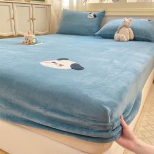 High quality blue milk velvet towel Applique 3pcs fitted flat sheets bedding set supplier