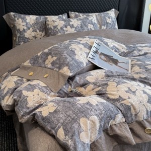A Class Linen 4PCS Duvet Cover Set With Botton Queen King Bed Sheets Double Yarn Printing Bedding Set