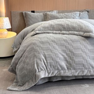 Ultra-high weight solid color plaid jacquard milk velvet 230g velvet gray four-piece bedding set