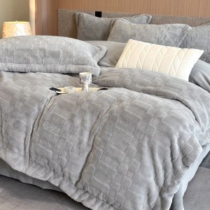 Ultra-high weight solid color plaid jacquard milk velvet 230g velvet gray four-piece bedding set
