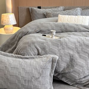 Ultra-high weight solid color plaid jacquard milk velvet 230g velvet gray four-piece bedding set