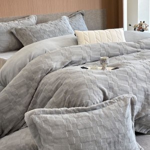 Ultra-high weight solid color plaid jacquard milk velvet 230g velvet gray four-piece bedding set
