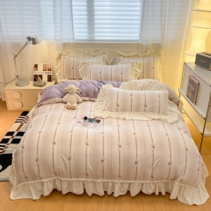Premium quality purple ruffles 4pcs comforter duvet cover milk velvet bedding set supplier