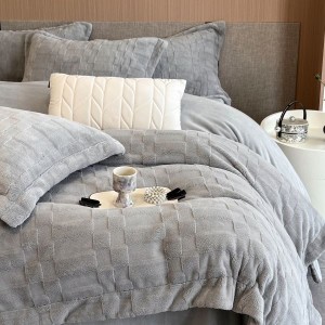 Ultra-high weight solid color plaid jacquard milk velvet 230g velvet gray four-piece bedding set