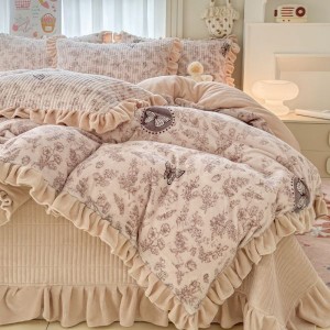 Ultra-high weight milk velvet lace floral print bed cover four-piece bedding set