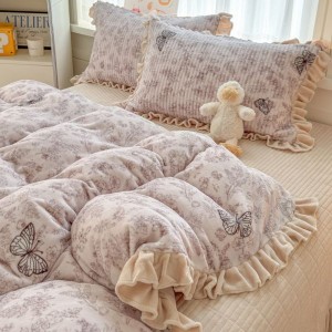 Ultra-high weight milk velvet lace floral print bed cover four-piece bedding set