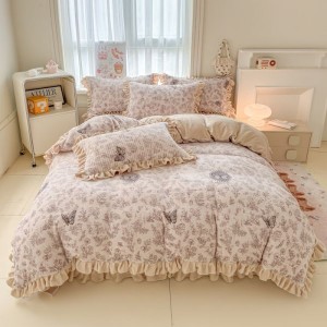 Ultra-high weight milk velvet lace floral print bed cover four-piece bedding set