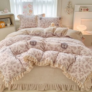 Ultra-high weight milk velvet lace floral print bed cover four-piece bedding set
