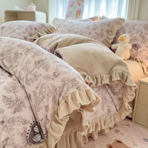 Ultra-high weight milk velvet lace floral print bed cover four-piece bedding set