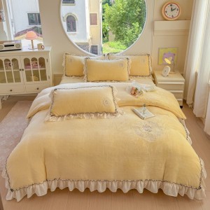Winter warm yellow ruffles baby velvet home textiles embroidered duvet cover bedding set