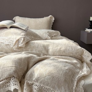 Light Luxury Linen Cotton Home Textile Yarn-dyed Jacquard Duvet Cover Double Yarn Hollow Lace Edge Bed Sheets Bedding Set