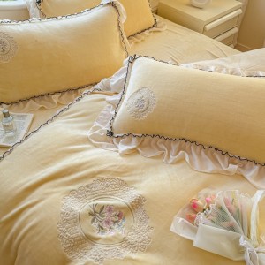 Winter warm yellow ruffles baby velvet home textiles embroidered duvet cover bedding set