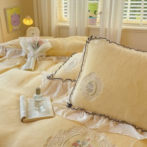 Winter warm yellow ruffles baby velvet home textiles embroidered duvet cover bedding set