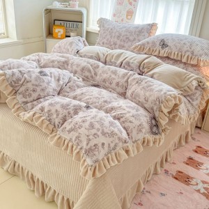 Ultra-high weight milk velvet lace floral print bed cover four-piece bedding set
