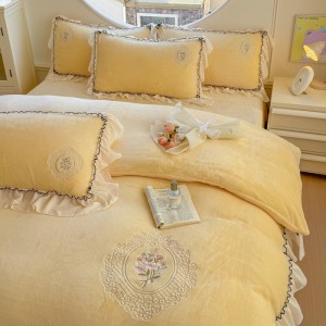 Winter warm yellow ruffles baby velvet home textiles embroidered duvet cover bedding set