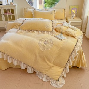 Winter warm yellow ruffles baby velvet home textiles embroidered duvet cover bedding set