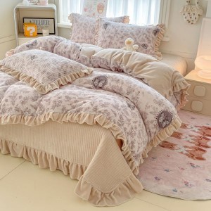 Ultra-high weight milk velvet lace floral print bed cover four-piece bedding set