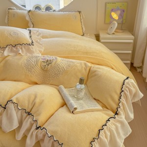 Winter warm yellow ruffles baby velvet home textiles embroidered duvet cover bedding set