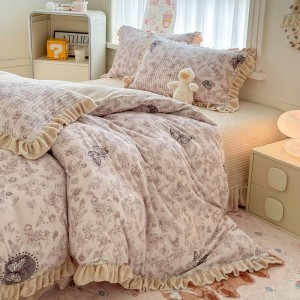 Ultra-high weight milk velvet lace floral print bed cover four-piece bedding set