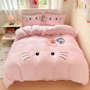 Pink milk velvet appliqué embroidered cartoon four-piece bedding set
