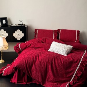 50S Stain Cotton Jacquard Quilt Cover Bed Skirt Red 4PCS Bedding Set