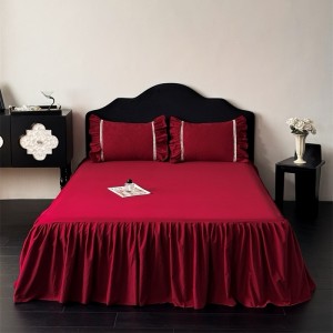 50S Stain Cotton Jacquard Quilt Cover Bed Skirt Red 4PCS Bedding Set
