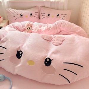 Pink milk velvet appliqué embroidered cartoon four-piece bedding set