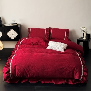 50S Stain Cotton Jacquard Quilt Cover Bed Skirt Red 4PCS Bedding Set