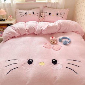 Pink milk velvet appliqué embroidered cartoon four-piece bedding set
