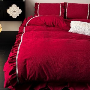 50S Stain Cotton Jacquard Quilt Cover Bed Skirt Red 4PCS Bedding Set