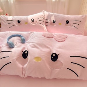 Pink milk velvet appliqué embroidered cartoon four-piece bedding set