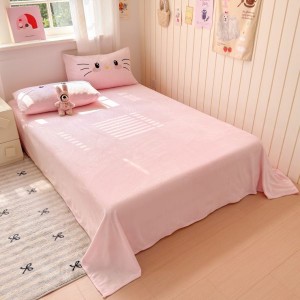 Pink milk velvet appliqué embroidered cartoon four-piece bedding set