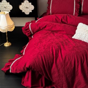 50S Stain Cotton Jacquard Quilt Cover Bed Skirt Red 4PCS Bedding Set