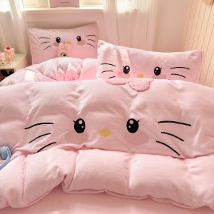 Pink milk velvet appliqué embroidered cartoon four-piece bedding set