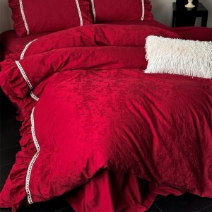 50S Stain Cotton Jacquard Quilt Cover Bed Skirt Red 4PCS Bedding Set