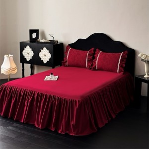 50S Stain Cotton Jacquard Quilt Cover Bed Skirt Red 4PCS Bedding Set