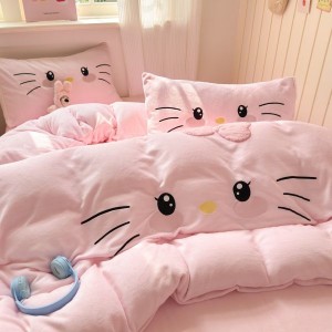 Pink milk velvet appliqué embroidered cartoon four-piece bedding set