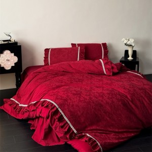 50S Stain Cotton Jacquard Quilt Cover Bed Skirt Red 4PCS Bedding Set