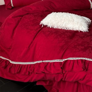 50S Stain Cotton Jacquard Quilt Cover Bed Skirt Red 4PCS Bedding Set