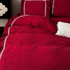 50S Stain Cotton Jacquard Quilt Cover Bed Skirt Red 4PCS Bedding Set