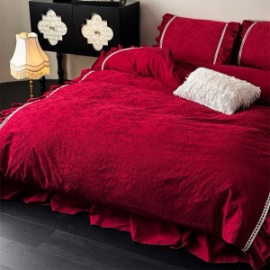 50S Stain Cotton Jacquard Quilt Cover Bed Skirt Red 4PCS Bedding Set