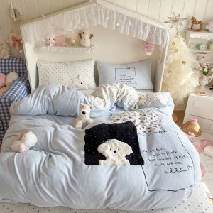 Cartoon embroidery duvet comforter cover blue bed sheets winter milk velvet bedding set