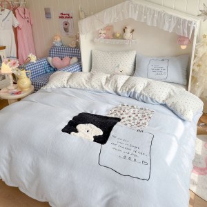 Cartoon embroidery duvet comforter cover blue bed sheets winter milk velvet bedding set